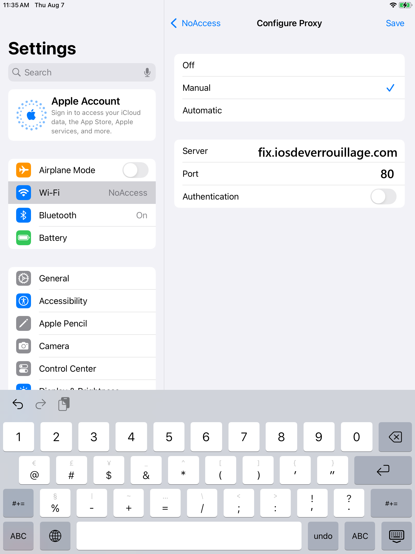 Saisir le serveur et le port du proxy